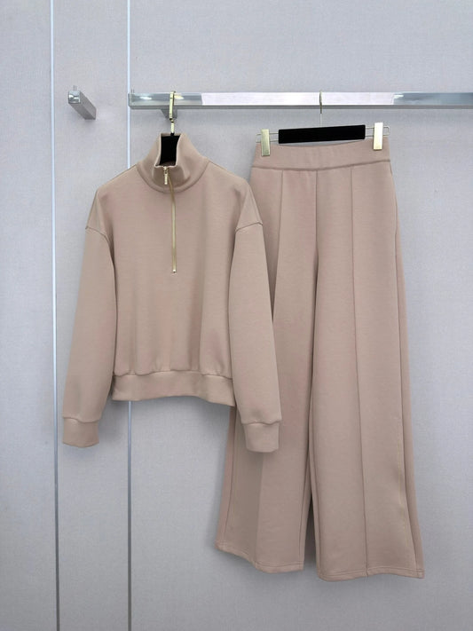 Women's Knitted Long Sleeve Stand up Collar Half Zipper Top+Elastic Waist Pants Set Autumn/Winter Casual Fashion Style 26709221