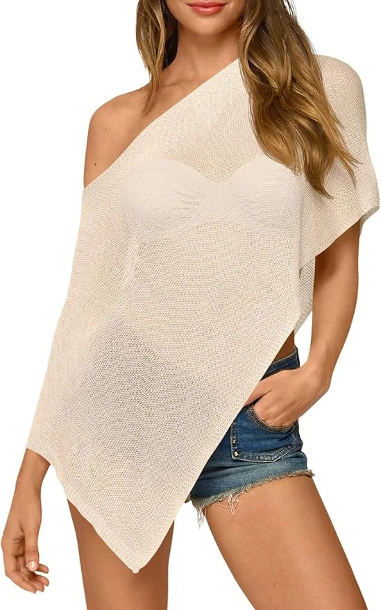 Fisoew Womens Sheer Poncho Top Lightweight Knit Bolero Shrug Mesh Off The Shoulder Y2K Going Out Beach Swimsuit Coverup
