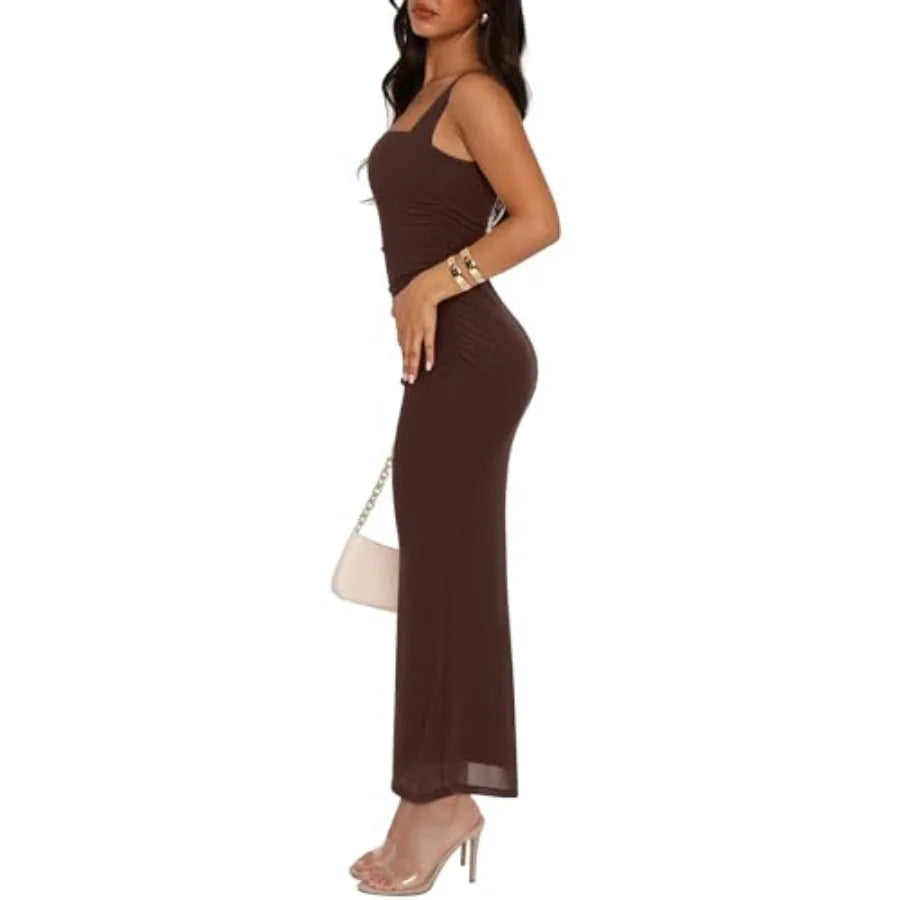Summer Wedding Guest Maxi Dresses for Women Sleeveless, Square Neck, Sheer Mesh, Ruched, Slim, Bodycon, Formal, Elegant