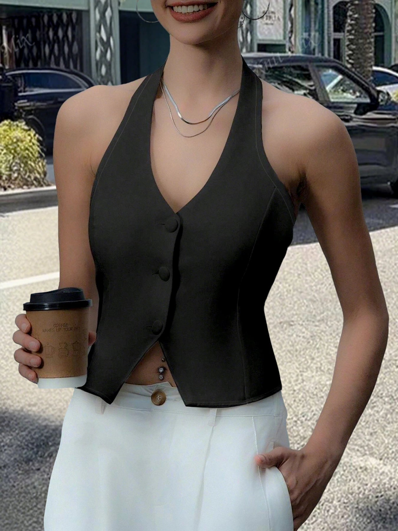 Women Black Halter Neck Button Vest Top Sleeveless V-Neck Slim Fit Back Tie Casual Streetwear Cropped Tank Top