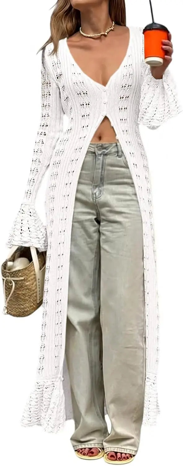 Womens Crochet Long Cardigans Duster Button Up Bell Long Sleeve Ruffle 2026 Summer Boho Beach Cover Ups