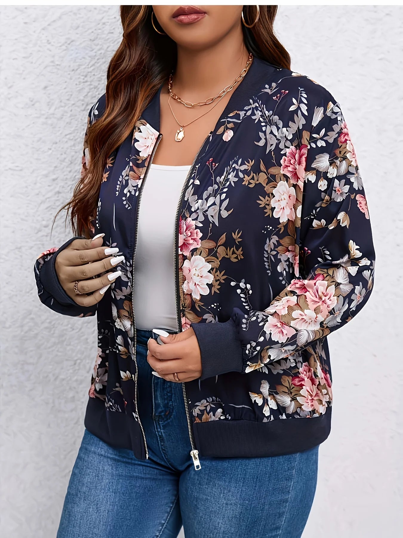 Plus size women's navy blue floral print baseball jacket zipper casual slimming stand collar jacket coat