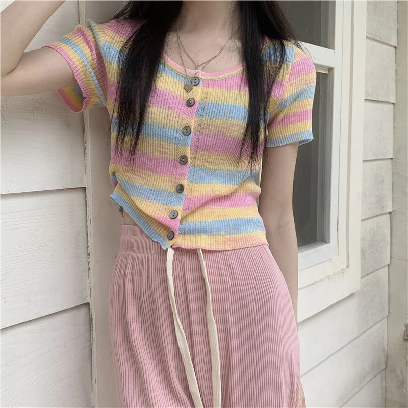 Colorful Striped Knitted Short Sleeve T-shirt Women Summer Korean Style Slim Fit Short Cardigan Woman O-Neck Single-breasted Top