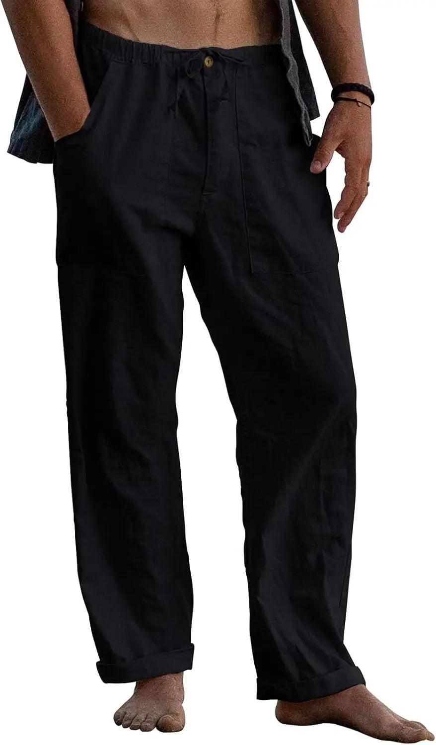 Mens Linen Pants Elastic Waist Drawstring Loose Fit Casual Summer Beach Pants with Pockets Baggy Trousers
