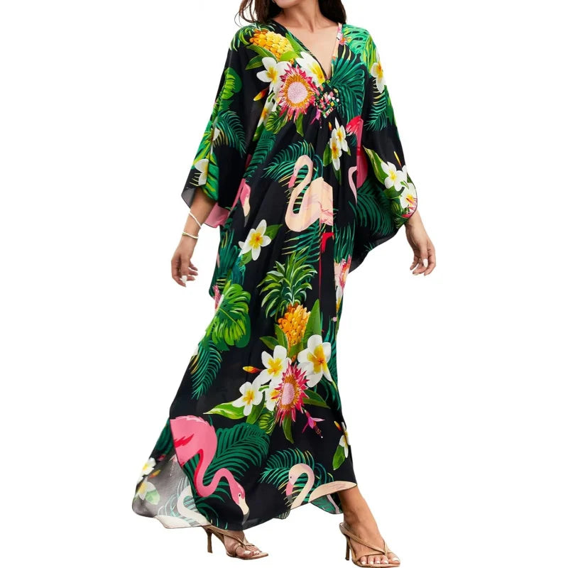 Kaftan Dresses for Women, V Neck Moo Moos Colorful Print Cover Ups Caftan Beach Dresses for Swimwear