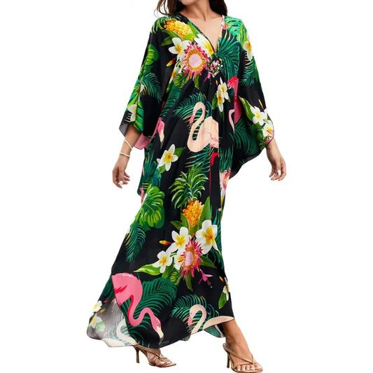 Kaftan Dresses for Women, V Neck Moo Moos Colorful Print Cover Ups Caftan Beach Dresses for Swimwear