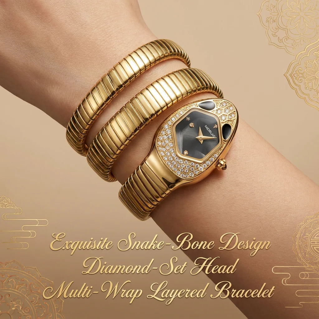 A high-end trendy and personalized quartz watch with a golden snake shaped strap for women