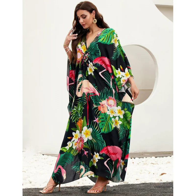 Kaftan Dresses for Women, V Neck Moo Moos Colorful Print Cover Ups Caftan Beach Dresses for Swimwear