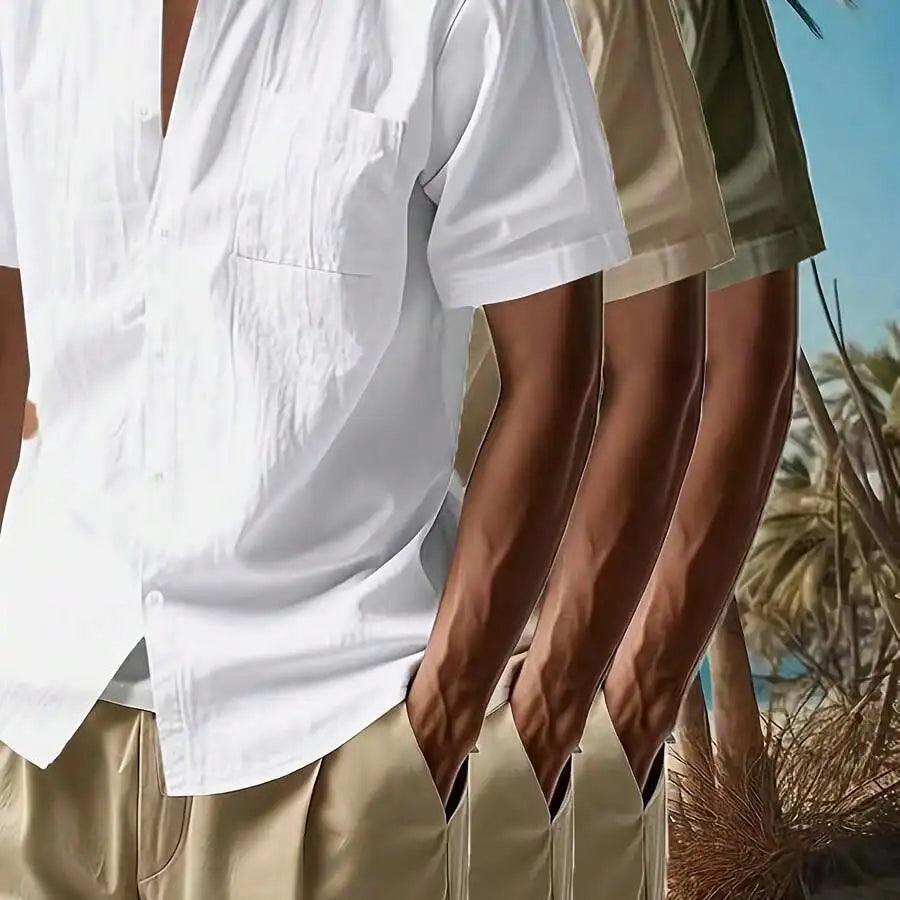 3pcs Men's Solid Color Linen Shirts: 3 Colors Available, A Must-Have For Summer Casual Outings