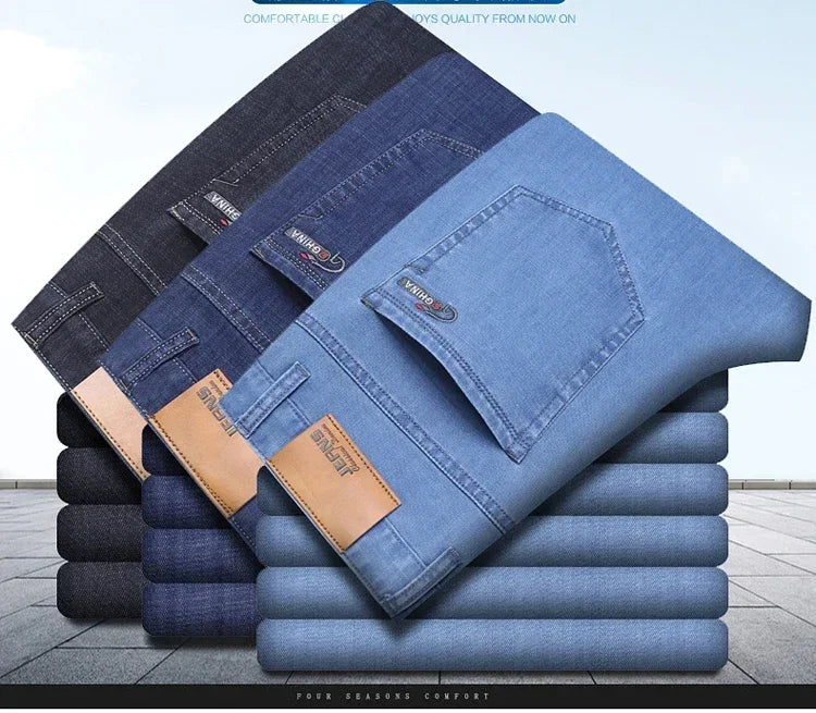 Men Summer Ice Silk Thin Stretch Straight Jeans, Lightweight Cotton Business Casual Denim Trousers