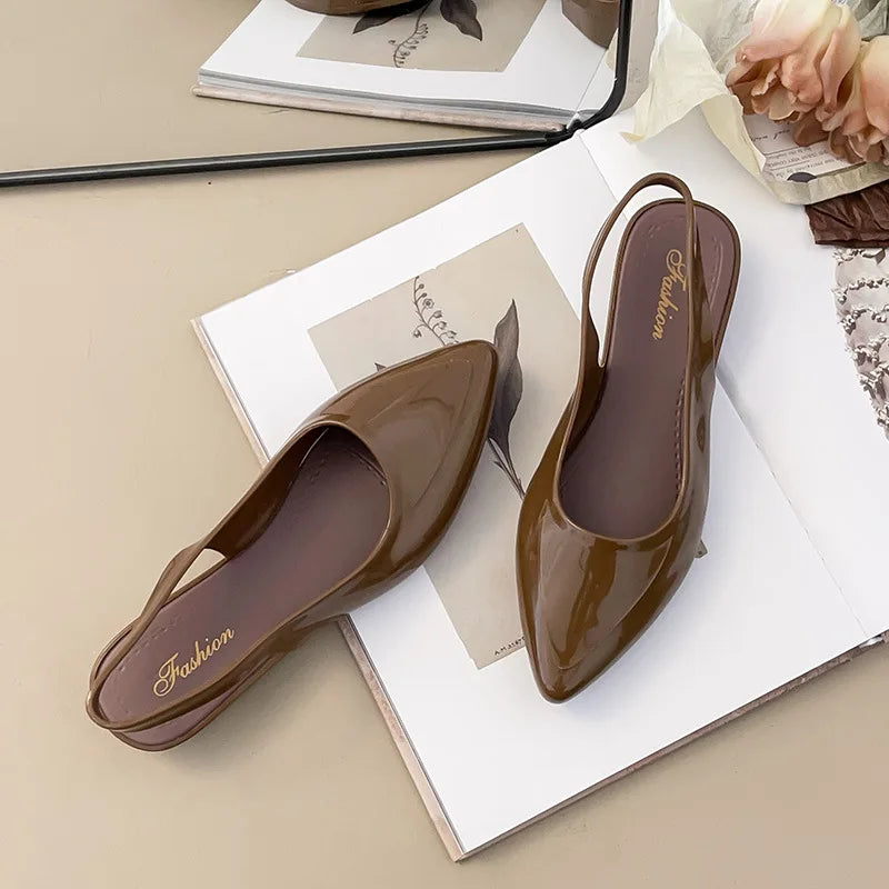 Women's Patent Leather Pointed Toe Slingback Flats, Low Block Heel Back Strap Pumps, Elegant Office Daily Dress Shoes