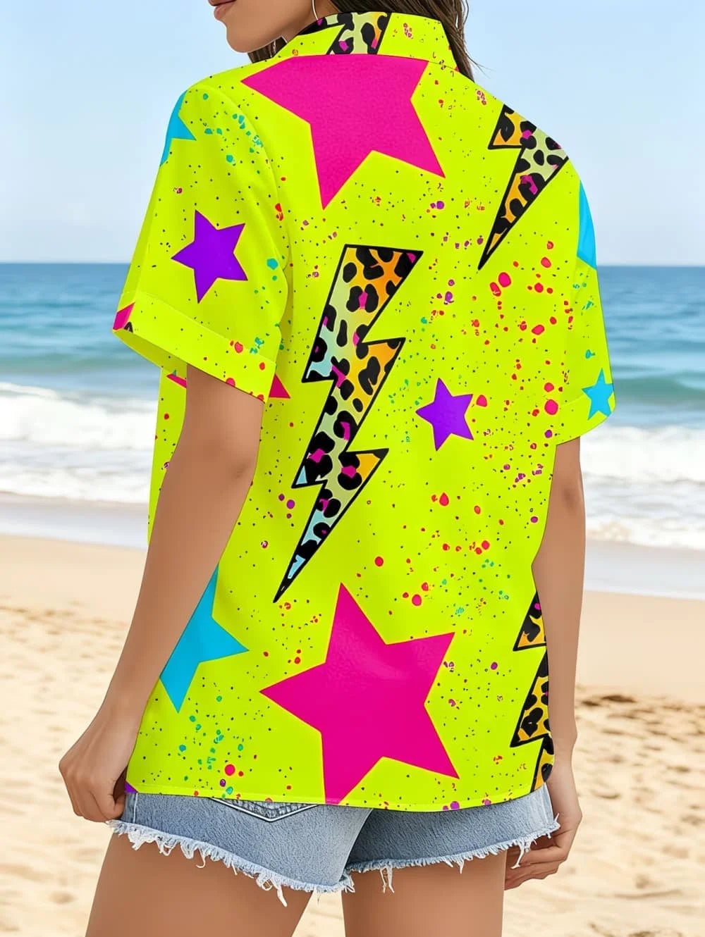 Neon Green Star Pattern Lapel Shirt for Women Leopard Lightning 3D Print Hawaiian Shirts Fashion Short Sleeve Tops Button Blouse