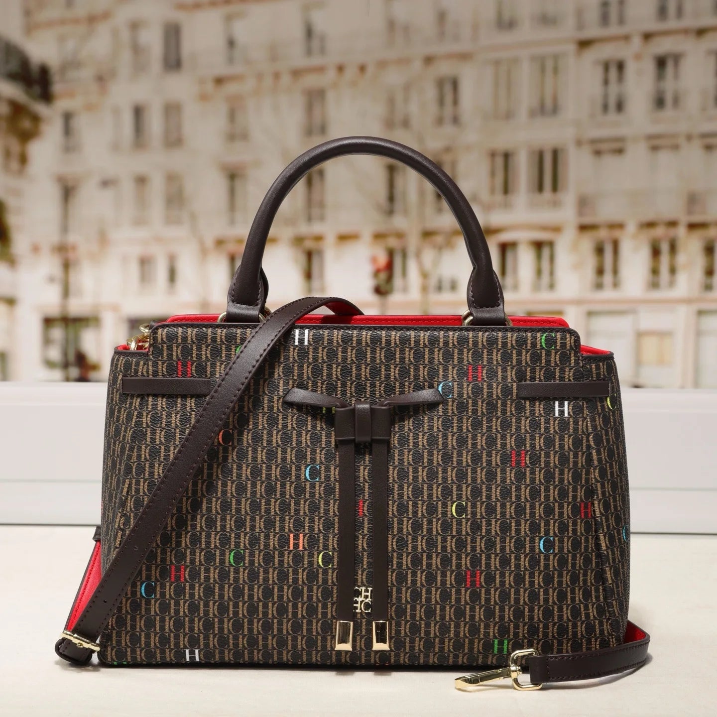 CH Embossed Pattern Tote Bag Bow Accent Versatile Handheld Crossbody Design Daily Commute 2026 New Bag