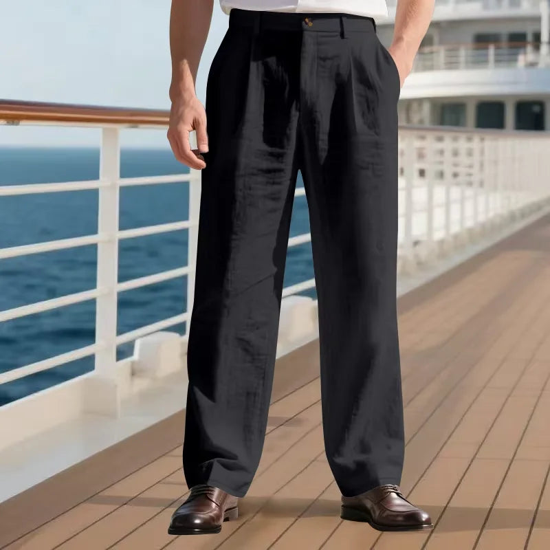 Men's Linen Cotton Pants Classic Straight Fit Trousers Breathable Lightweight Stretch Waist Casual Cool Fabric For Summer Beach