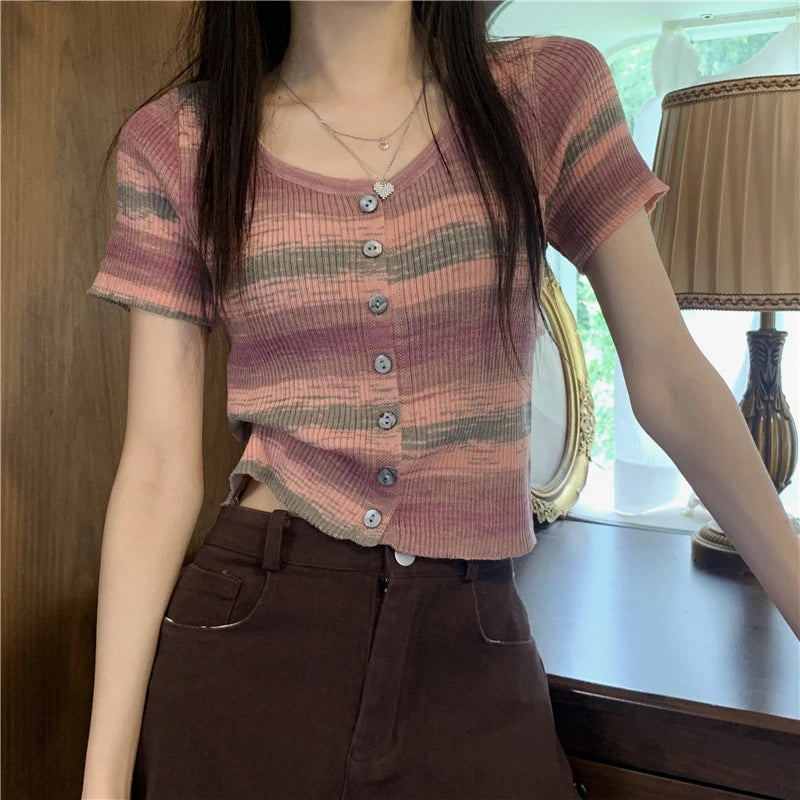 Colorful Striped Knitted Short Sleeve T-shirt Women Summer Korean Style Slim Fit Short Cardigan Woman O-Neck Single-breasted Top