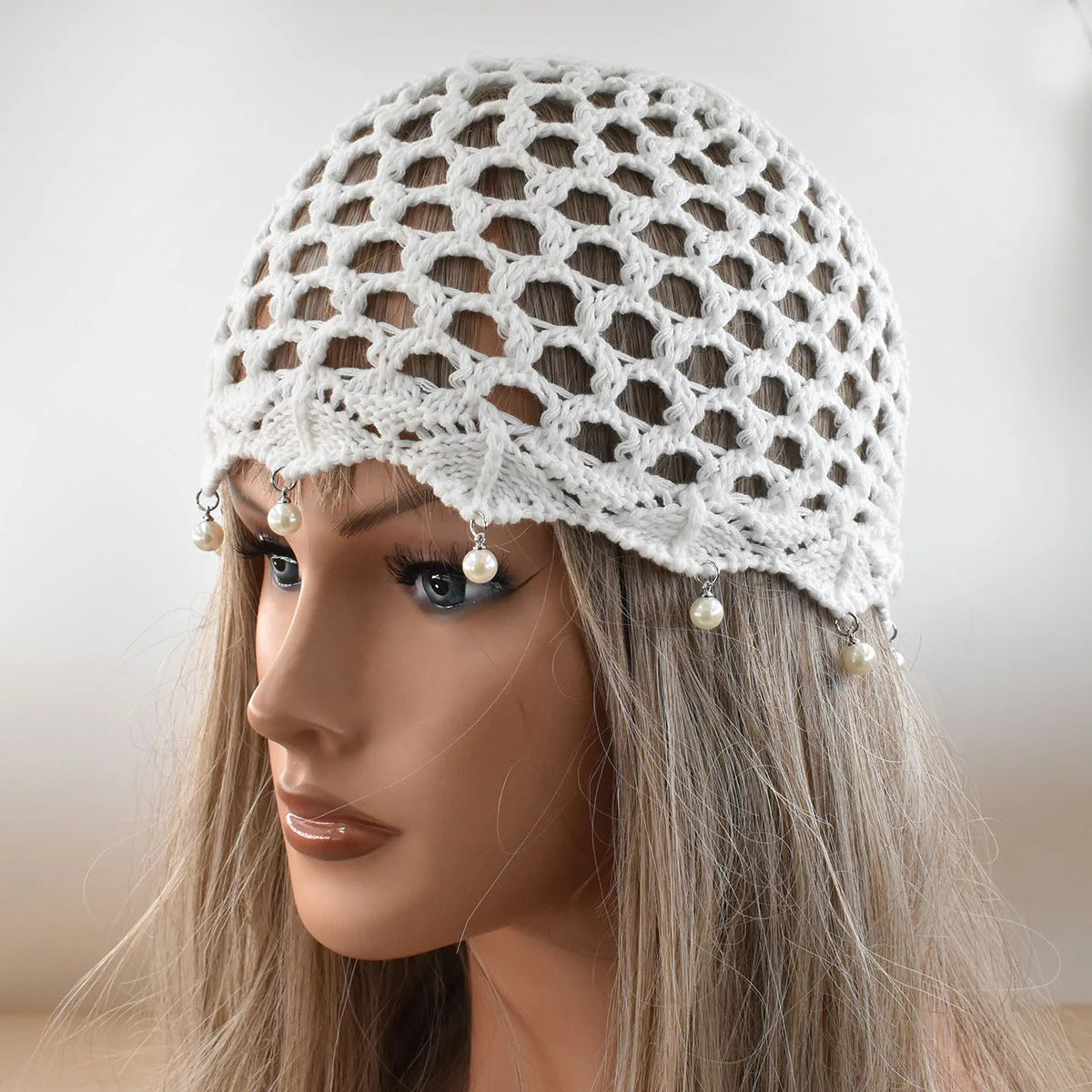 New Women Spring Summer Adjustable Mesh Knitted Pearl pendant Hat Fashion Breathable hollow woven artist with pullover charm Cap