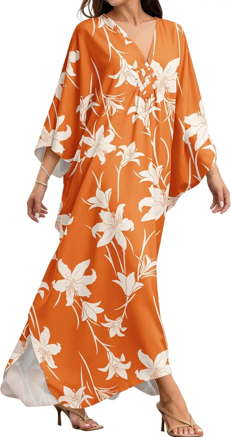 Kaftan Dresses for Women, V Neck Moo Moos Colorful Print Cover Ups Caftan Beach Dresses for Swimwear