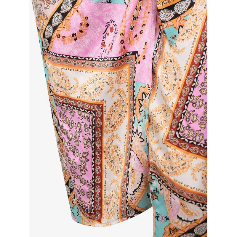 Women's Boho Skirt Asymmetrical Skirts Tied Floral Paisley Printed High Waist Ruched Skirts for Women