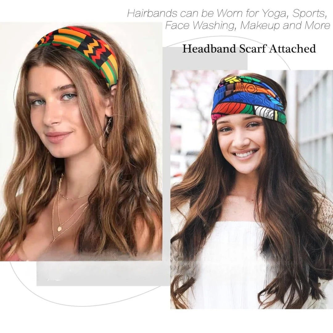 4 Pcs Women's Wide Boho Knotted Non-Slip Turban Headwraps - Stretchy Bandeau Hair Bands for Sports, Yoga, Workouts