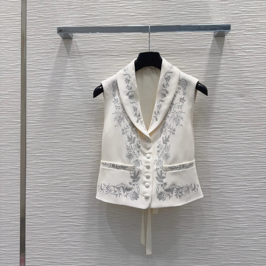 Women's Sleeveless Button-Up Lapel  Collar Embroidered Vest Fashionable Elegant Spring Summer 2650966