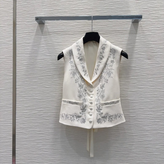 Women's Sleeveless Button-Up Lapel  Collar Embroidered Vest Fashionable Elegant Spring Summer 2650966