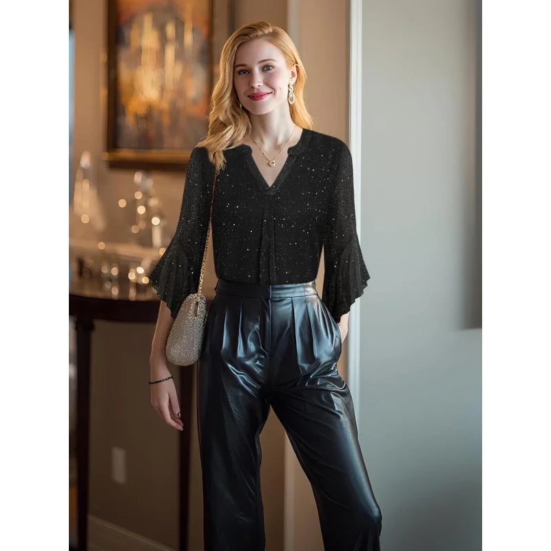 Womens Sparkly Tops 3/4 Sleeve Dressy Casual Sequin Blouses Double Layers Loose V Neck Shirt