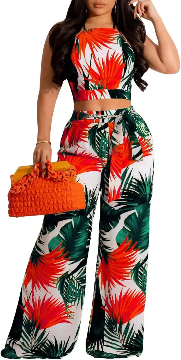 Elegant Two Piece Outfits for Women Sexy Bandage Top Long Straight Pants Swimwear Sets Coverups Vacation Beach