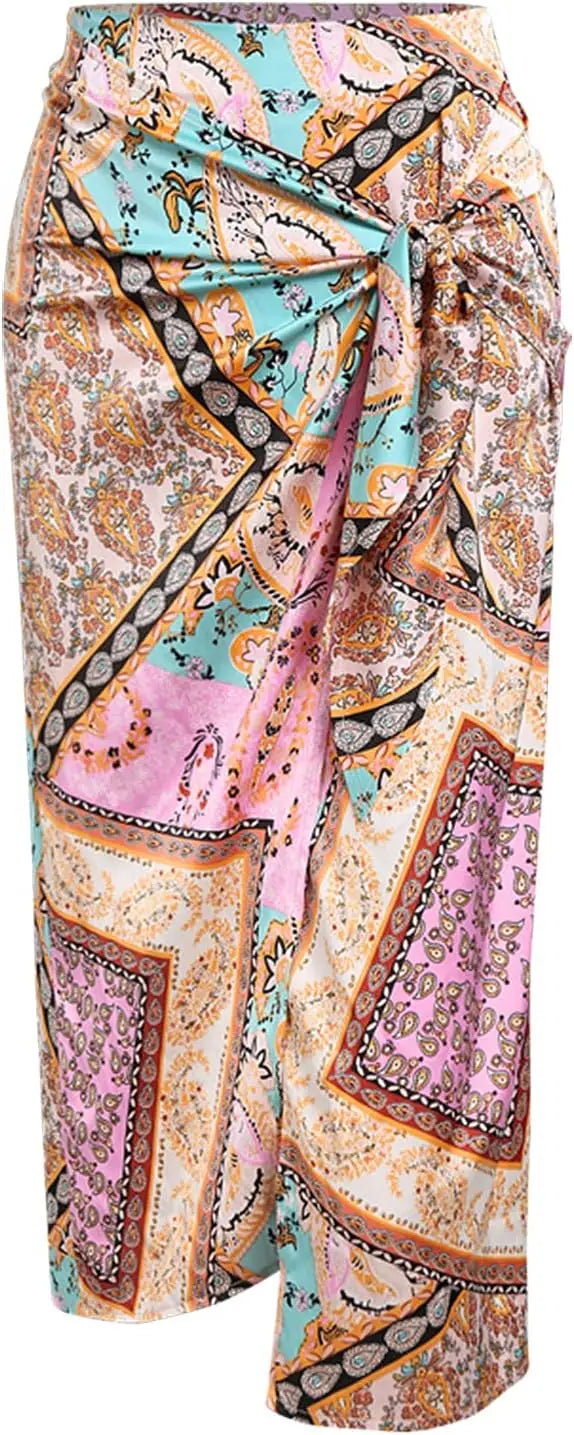 Women's Boho Skirt Asymmetrical Skirts Tied Floral Paisley Printed High Waist Ruched Skirts for Women