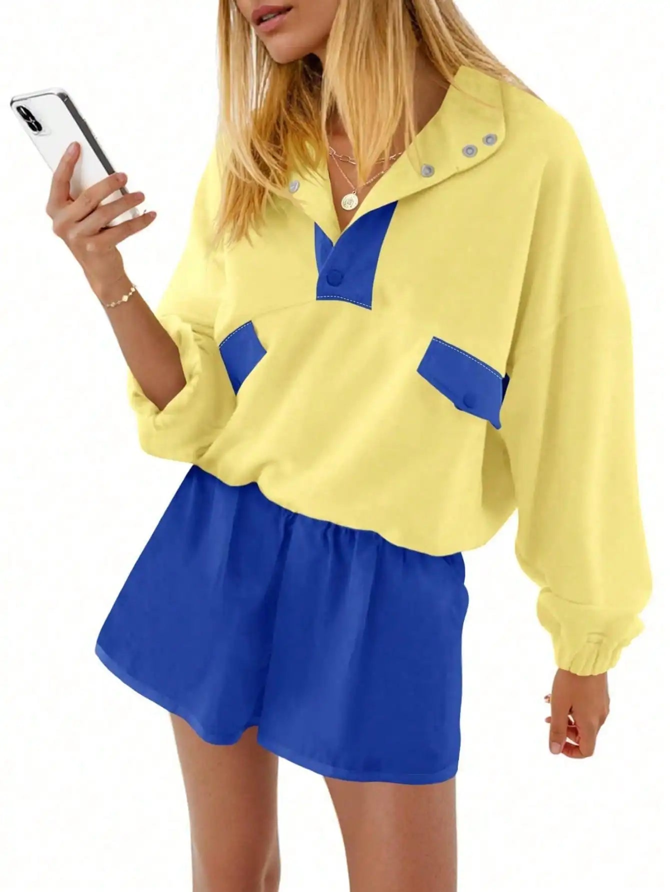 Womens Two Piece Outfits Casual Loose Lounge Set Y2K Color Block Sweatshirt And Running Shorts Fall Streetwear Tracksuit