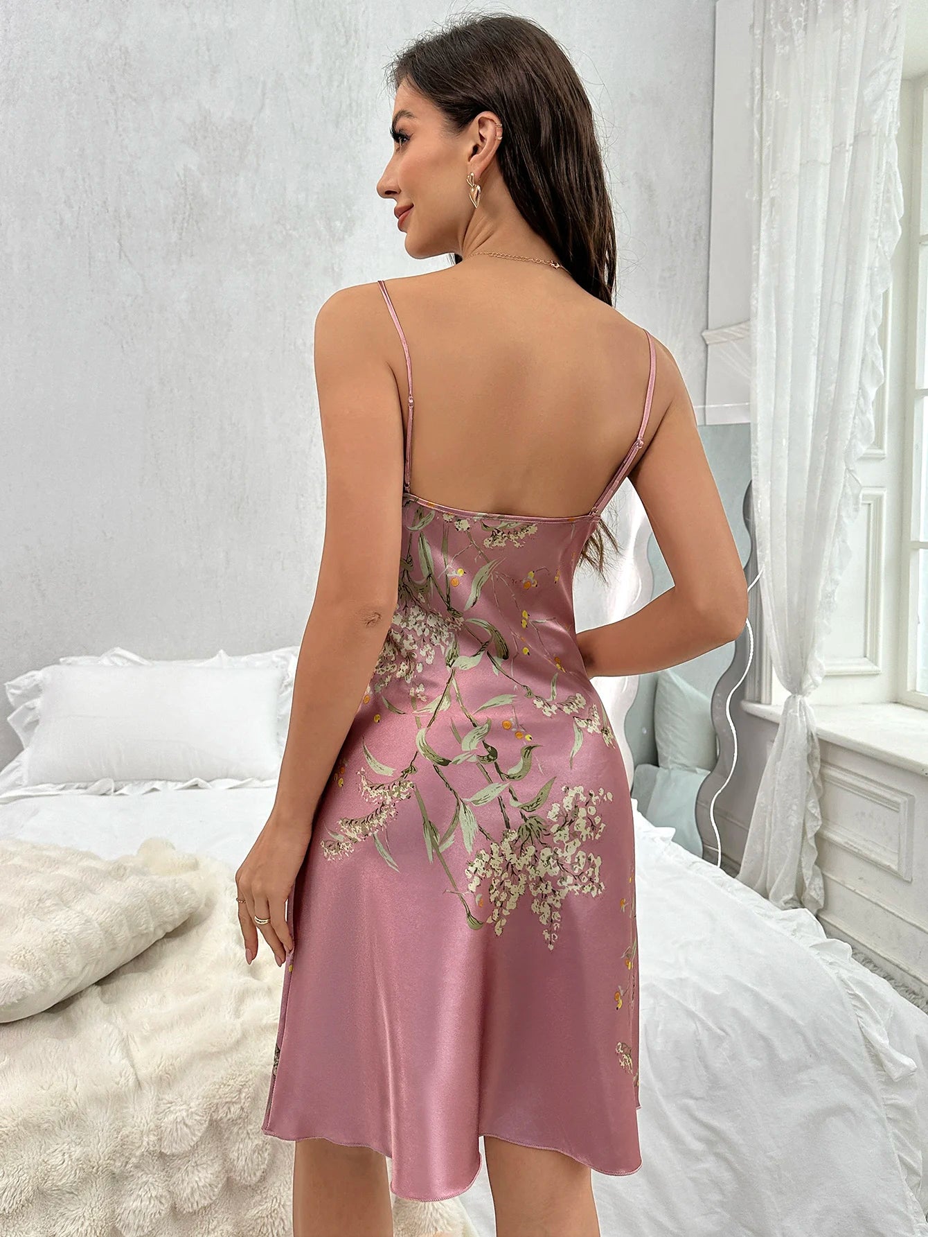 Floral Print Nightdress/Sexy V Neck Spaghetti Strap Sleep Dress/Women's Sleepwear Dresses