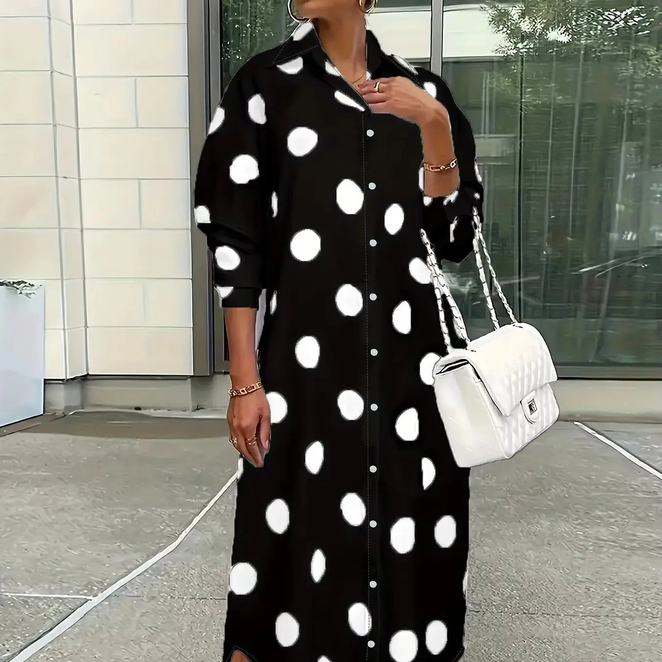 European and American plus size women's large polka dot lapel shirt dress; black polka dot single-breasted loose long sleeve side slit midi shirt dress