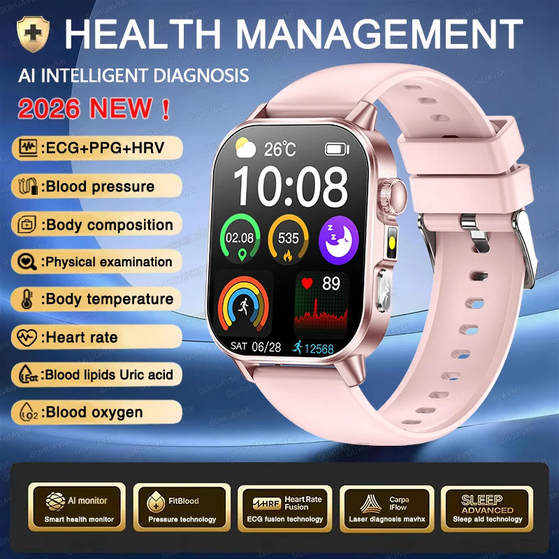 Accurate Health Diagnosis ECG Smart Watch Blood Pressure Blood Oxygen Blood Fat Uric Acid Temp Bluetooth.