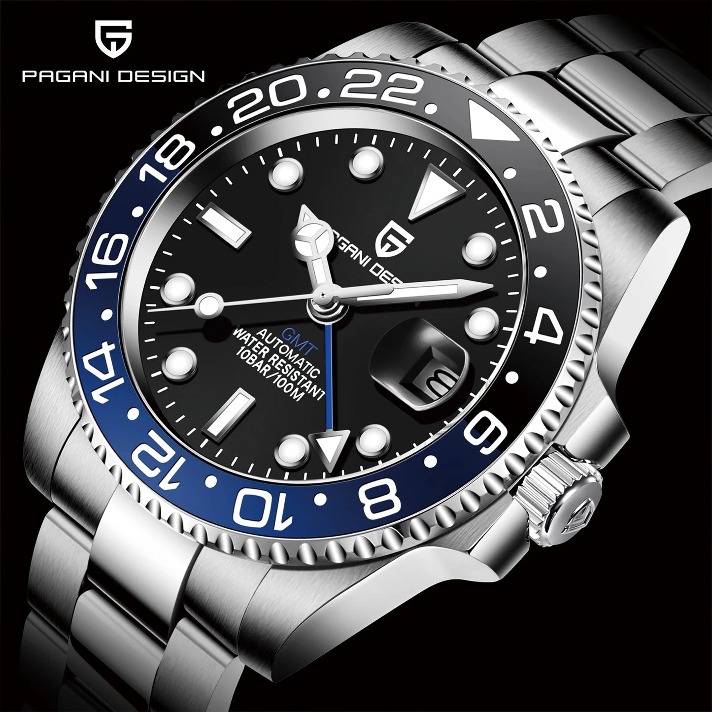 PAGANI DESIGN PD-1662 Luxury GMT Men Mechanical Wristwatch Sapphire Glass Stainless Steel 100M Waterproof Automatic Watches