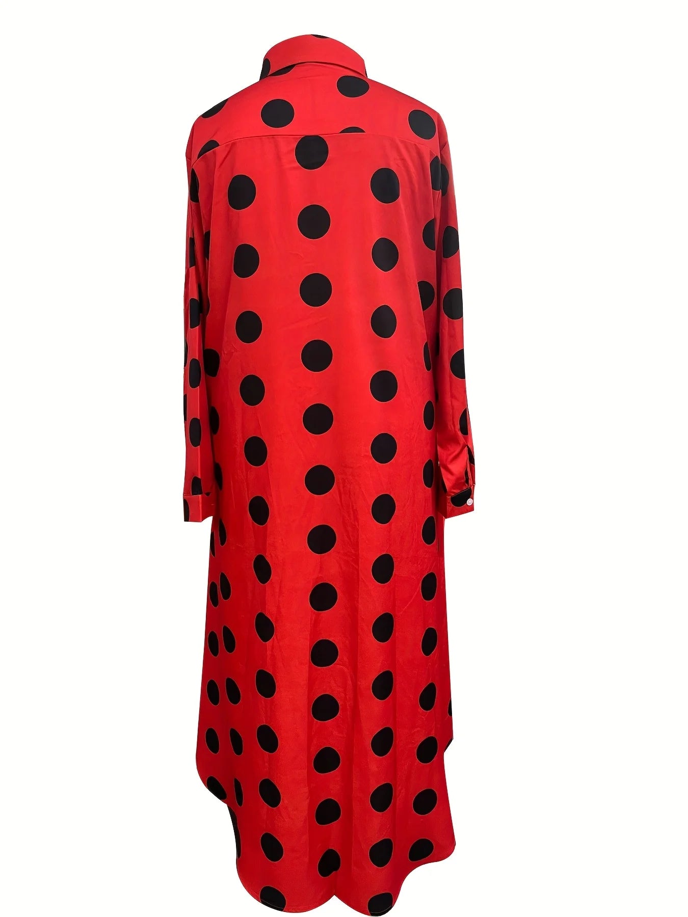 European and American plus size women's large polka dot lapel shirt dress; black polka dot single-breasted loose long sleeve side slit midi shirt dress