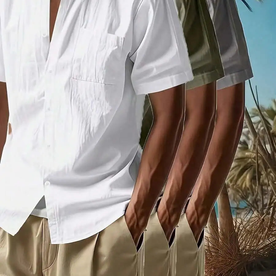 3pcs Men's Solid Color Linen Shirts: 3 Colors Available, A Must-Have For Summer Casual Outings