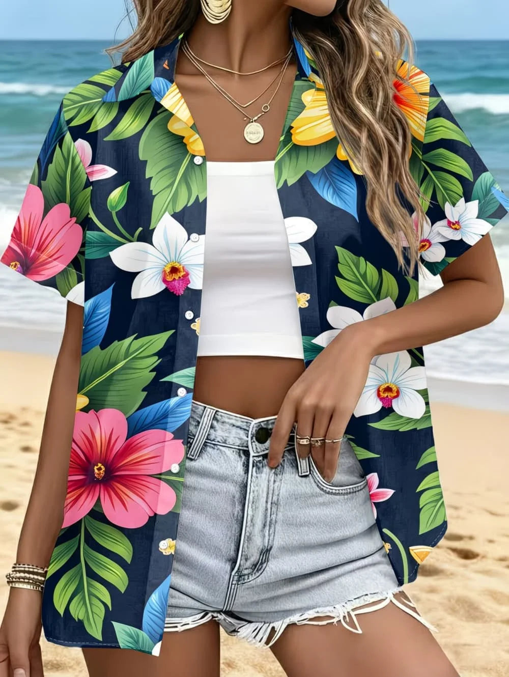 Neon Green Star Pattern Lapel Shirt for Women Leopard Lightning 3D Print Hawaiian Shirts Fashion Short Sleeve Tops Button Blouse