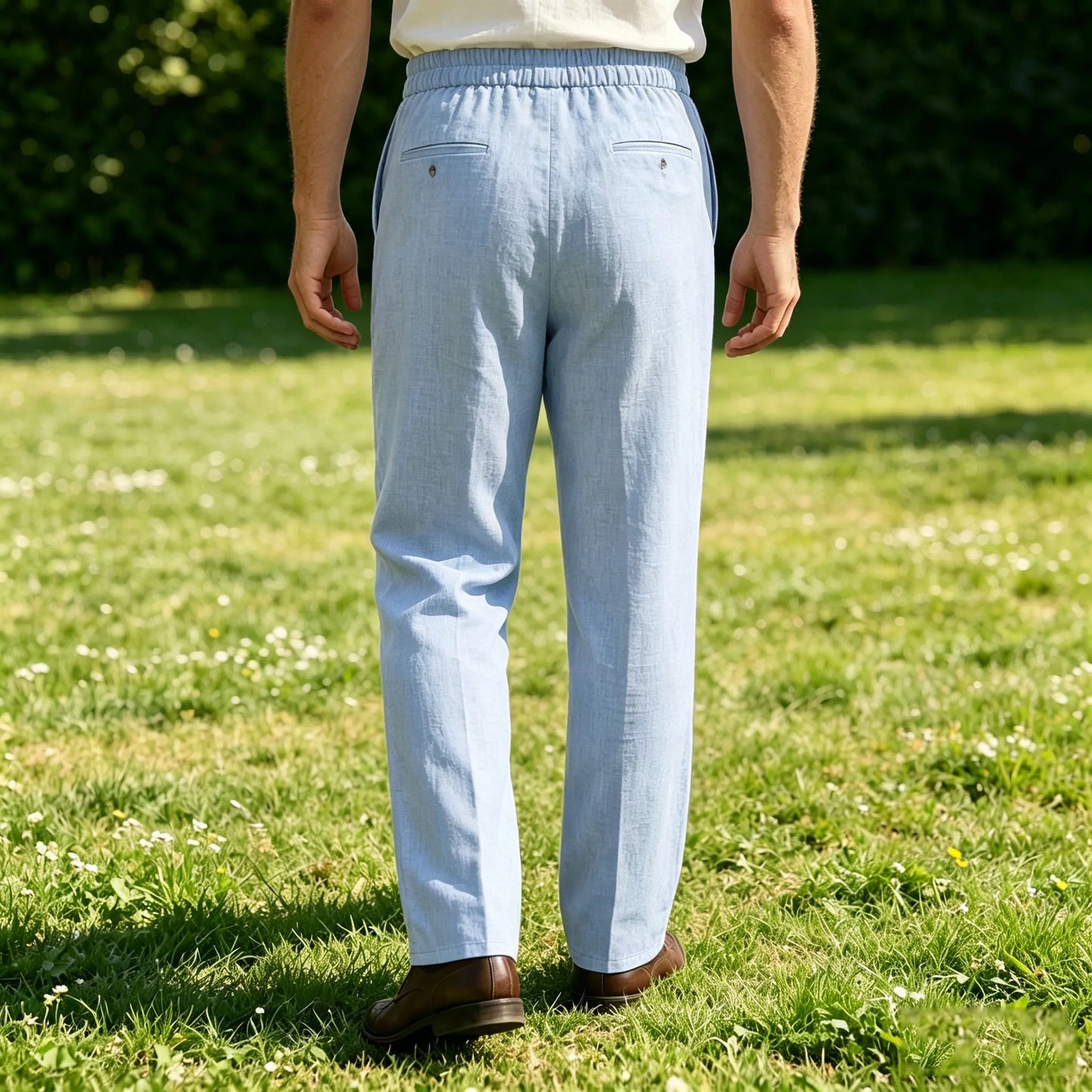 Men's Linen Cotton Pants Classic Straight Fit Trousers Breathable Lightweight Stretch Waist Casual Cool Fabric For Summer Beach