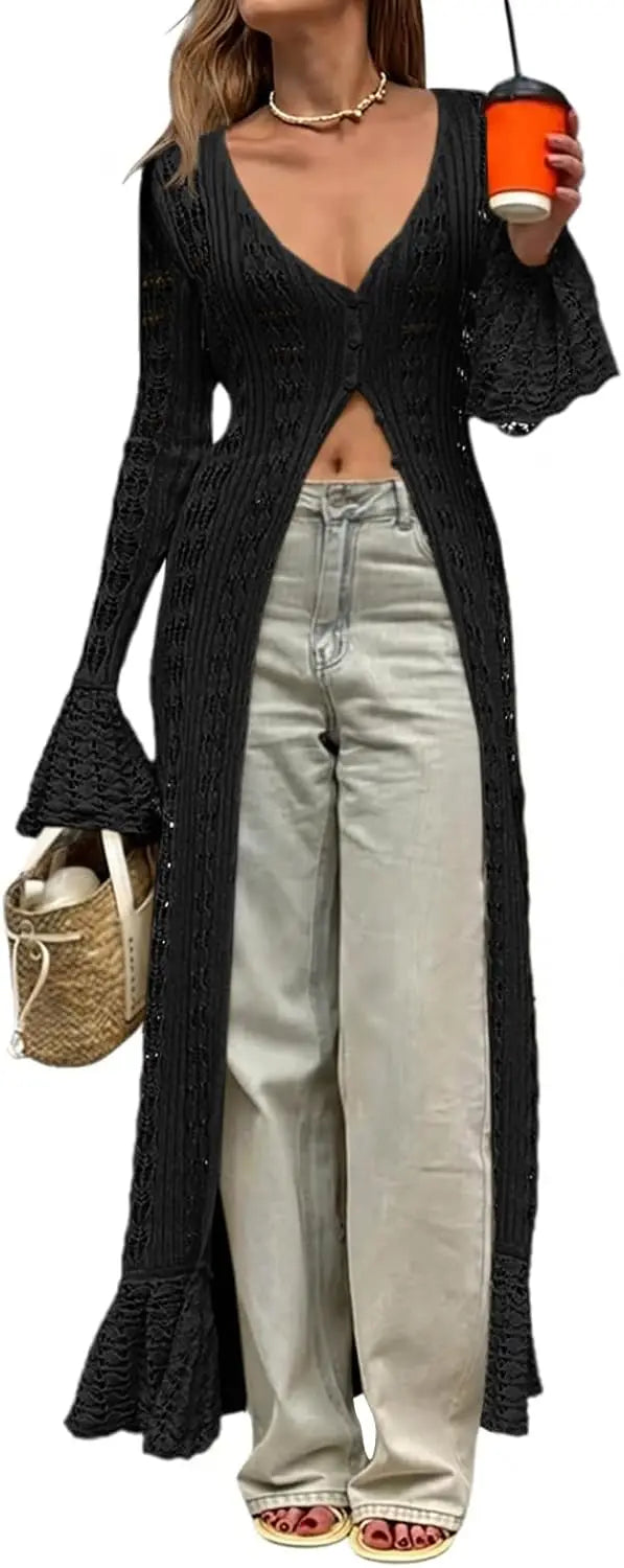 Womens Crochet Long Cardigans Duster Button Up Bell Long Sleeve Ruffle 2026 Summer Boho Beach Cover Ups