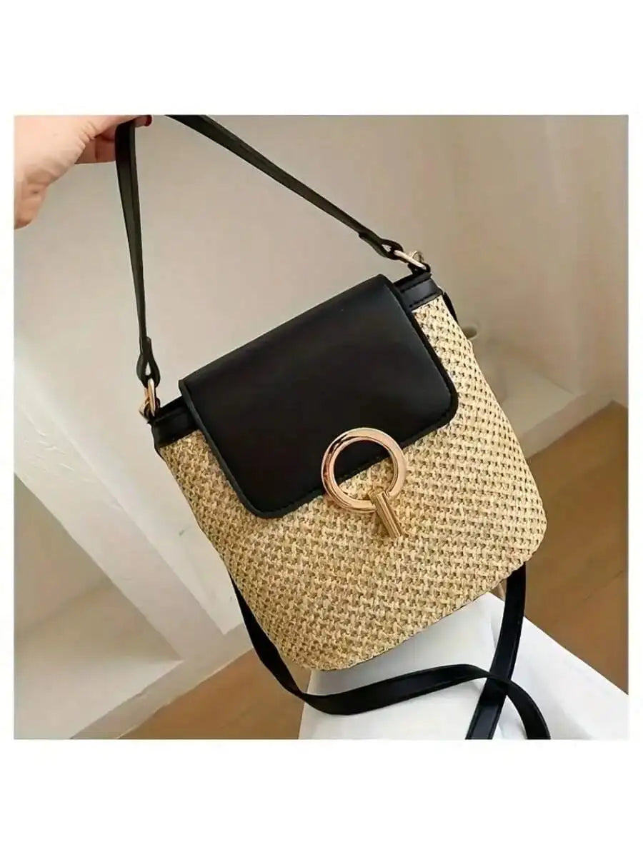 Woven Beach Crossbody Bag, Multi-Functional Adjustable Shoulder Strap, Golden Lock, Suitable For Vacation And Casual Daily Use, Brown/Black/White/Light Blue High-Quality Decorative Travel Handbag