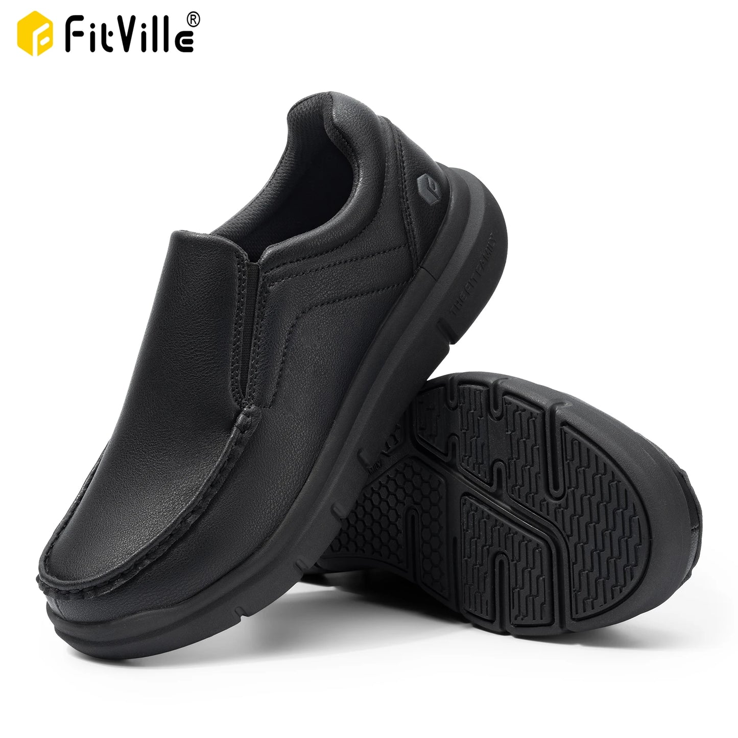 FitVille Men Wide Fit Leather Slip On Casual Loafers, Lightweight Arch Support Walking Shoes, Orthopedic Pain Relief Shoes for Swollen Feet & High Instep