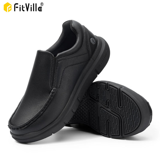 FitVille Men Wide Fit Leather Slip On Casual Loafers, Lightweight Arch Support Walking Shoes, Orthopedic Pain Relief Shoes for Swollen Feet & High Instep
