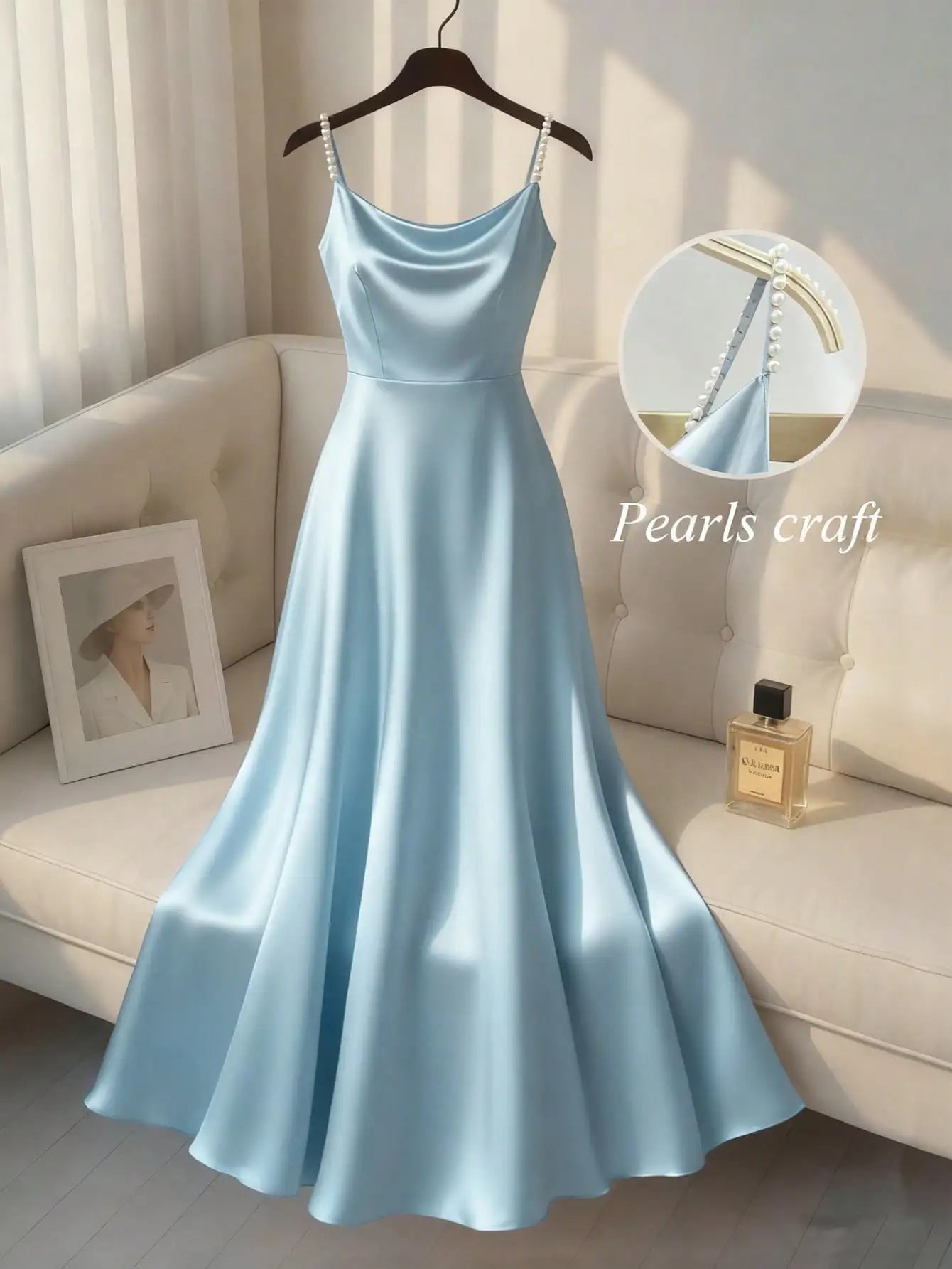 Elegant Satin Pearl Strap Slip Dress A-Line Floor Length For Party Event