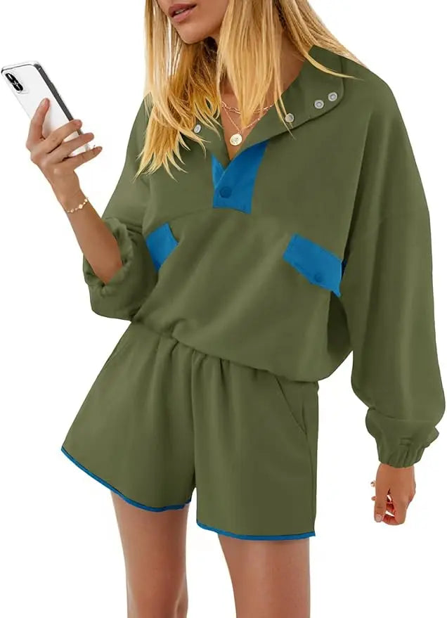 Womens Two Piece Outfits Casual Loose Lounge Set Y2K Color Block Sweatshirt And Running Shorts Fall Streetwear Tracksuit