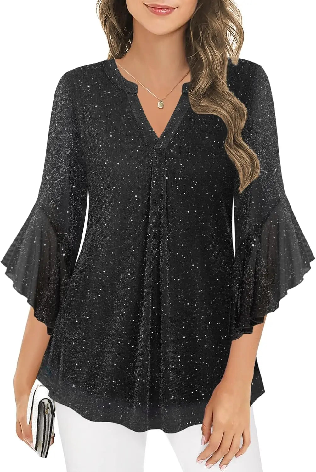 Womens Sparkly Tops 3/4 Sleeve Dressy Casual Sequin Blouses Double Layers Loose V Neck Shirt