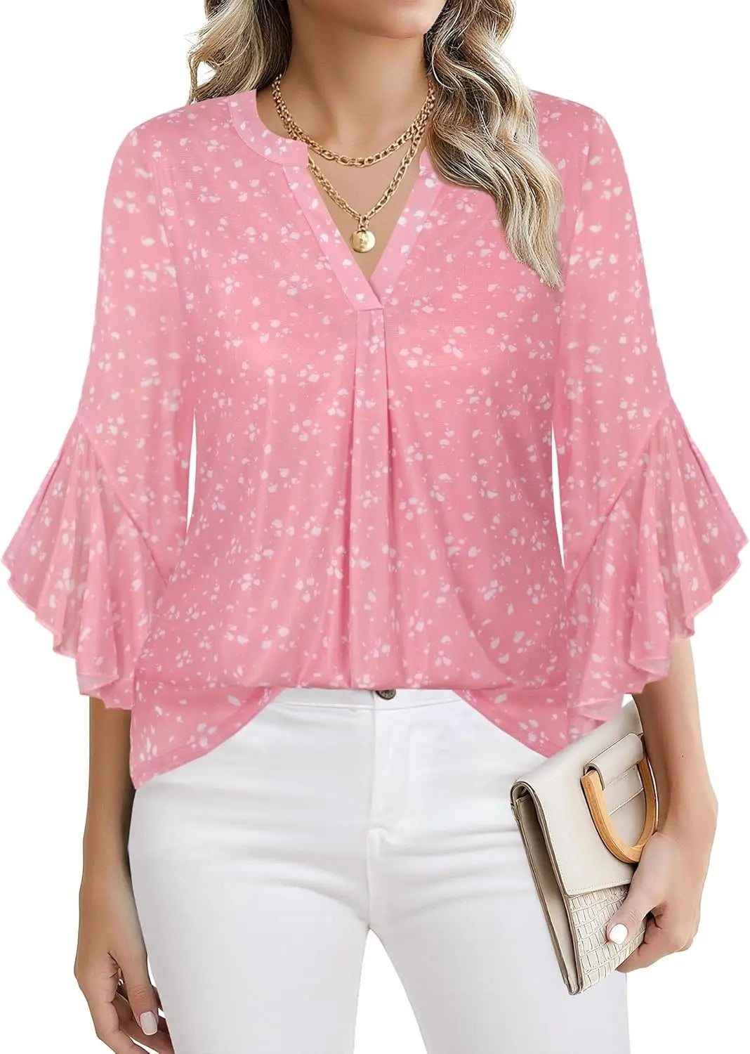Womens Sparkly Tops 3/4 Sleeve Dressy Casual Sequin Blouses Double Layers Loose V Neck Shirt