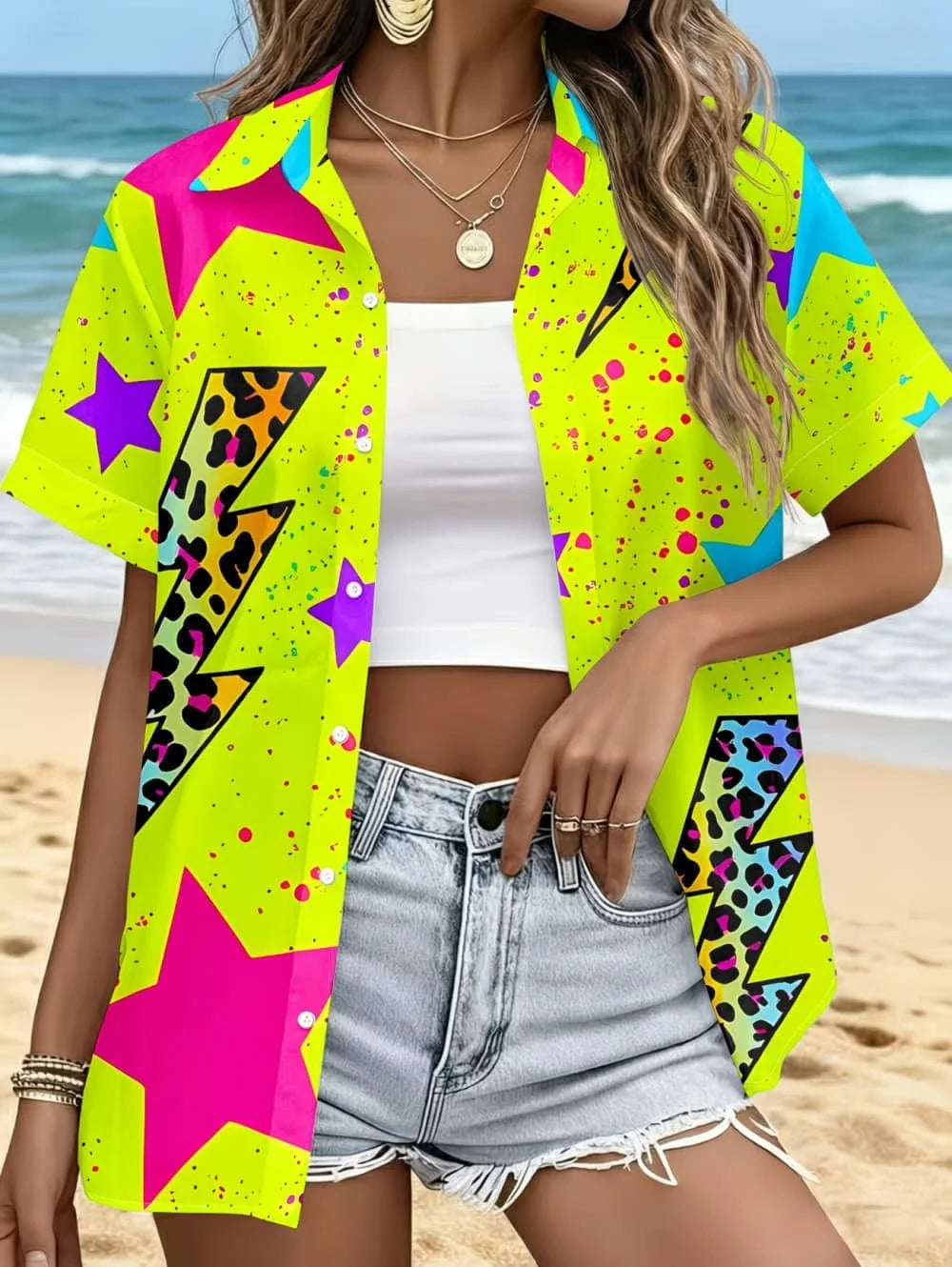 Neon Green Star Pattern Lapel Shirt for Women Leopard Lightning 3D Print Hawaiian Shirts Fashion Short Sleeve Tops Button Blouse