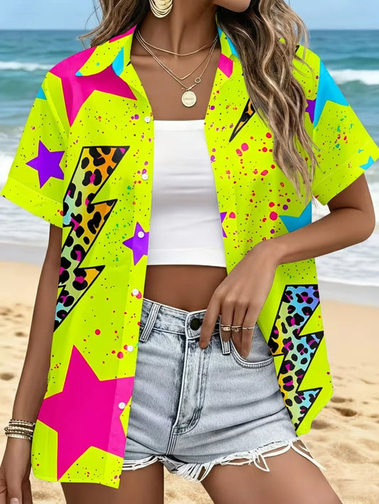 Neon Green Star Pattern Lapel Shirt for Women Leopard Lightning 3D Print Hawaiian Shirts Fashion Short Sleeve Tops Button Blouse