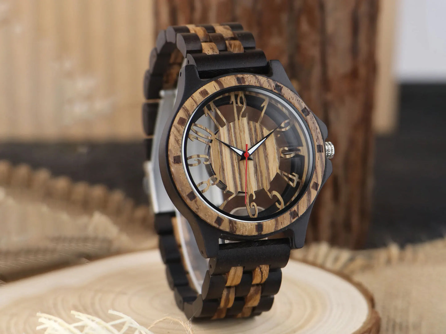 Natural Zebra Wood Watch for Men, Hollow Out Dial Wooden Band Analog Quartz Wristwatch