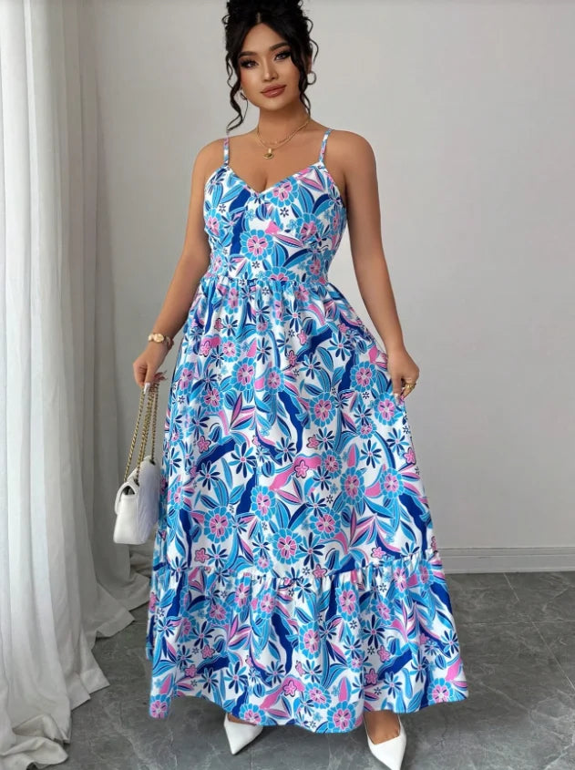 Plus Size Women's Gentle Style Blue and White Floral Camisole Dress; Plus Size Loose Fit; Daily Commute Elegant Long Dress