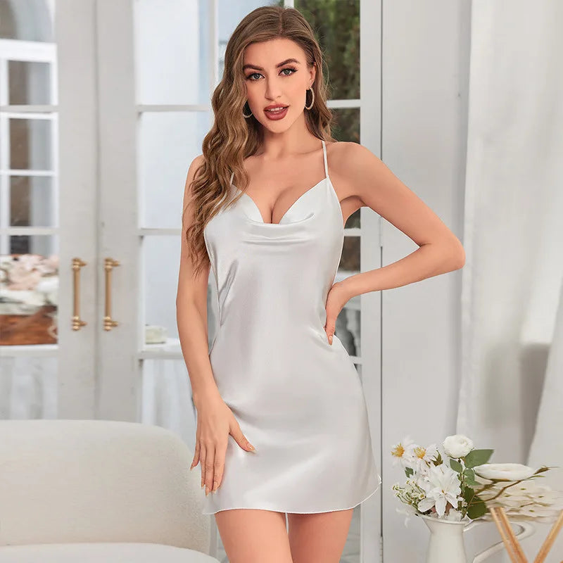 Solid Color V-neck Nightgown Backless Cross Suspender Skirt Butterfly Decoration Simulation Silk